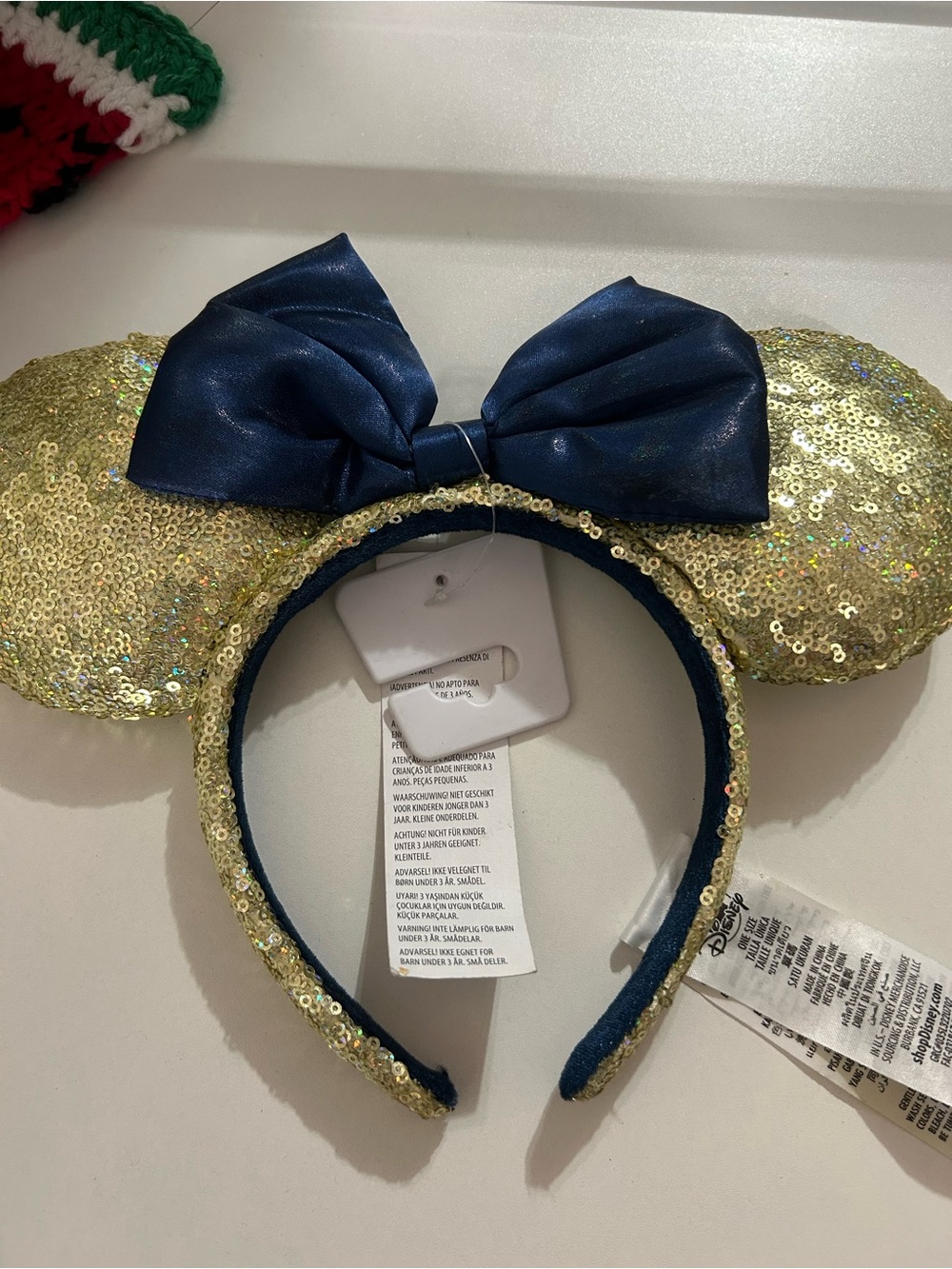 Disney Gold Sequin Minnie Ears Headband with Navy Bow